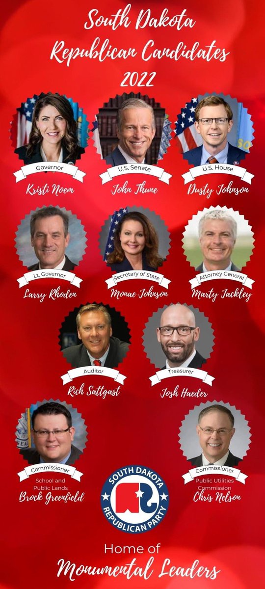 SDGOP's tweet photo. Congratulations to the candidates for Constitutional Offices and PUC candidate on their selection to be our Republican nominees on the November ballot. Today we completed our ticket and will head into campaign season as a united team to win every statewide office! #2022RedWave https://t.co/dHZLTtmhz7