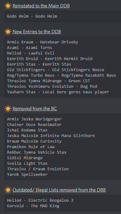 cEDH_DDB's tweet photo. ☀️JUNE 2022 DDB UPDATE☀️
https://t.co/Mr1uf3ayW2

[Note: We will not be responding to anything about the DDB on twitter. We'd encourage joining the discord for discussion or to ask for feedback on submissions. Link to discord: https://t.co/tyAs3KBVLF] https://t.co/sXGkxX1zUq