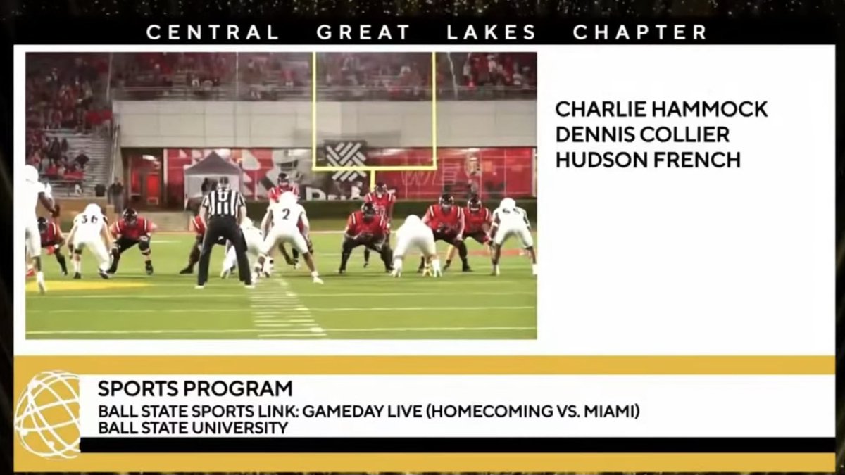 Congrats to our students on winning a Student Production Award for sports program with <a href="/BallStateFB/">Ball State Football</a> GameDay LIVE <a href="/GreatLakesEmmys/">NATAS Central Great Lakes Chapter</a>‼️🏆

#Emmys #SportsMediaMajor #BallState #ChirpChirp #WeFly  

<a href="/BallStateSports/">Ball State Sports</a> <a href="/BSUCCIM/">Ball State CCIM</a> <a href="/BallStateMedia/">Ball State Media</a> <a href="/BallState/">Ball State</a>