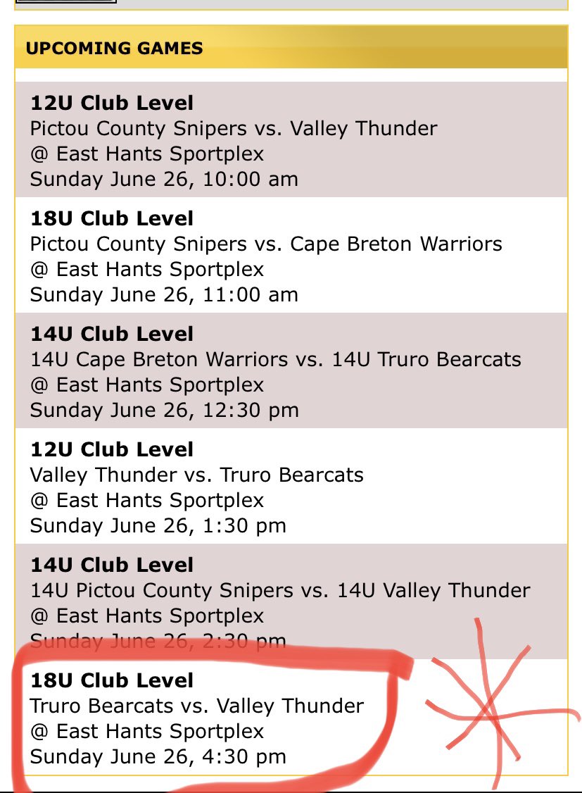 Soooo sorry about the confusion!!!! Appears that there have been conflicting schedules shared!  Just confirmed that the 18U championship game on Sunday will be at 430 and not 330 as previously shared!!!