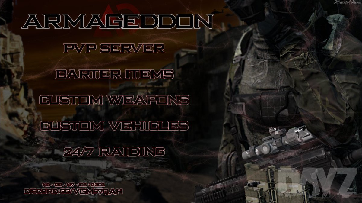 <a href="/DayZ/">DayZ 🖥 🎮 ❤️</a> (PC) Join the discord: discord.gg/hDr8zTcdcS 
ArmageddonOfficial 
is a Brand New DayZ PvP server that aims to push gunplay to the maximum, we aim to make this the most engaging server you've ever played.Hours upon hours of work have gone into creating tons of customs Gear
