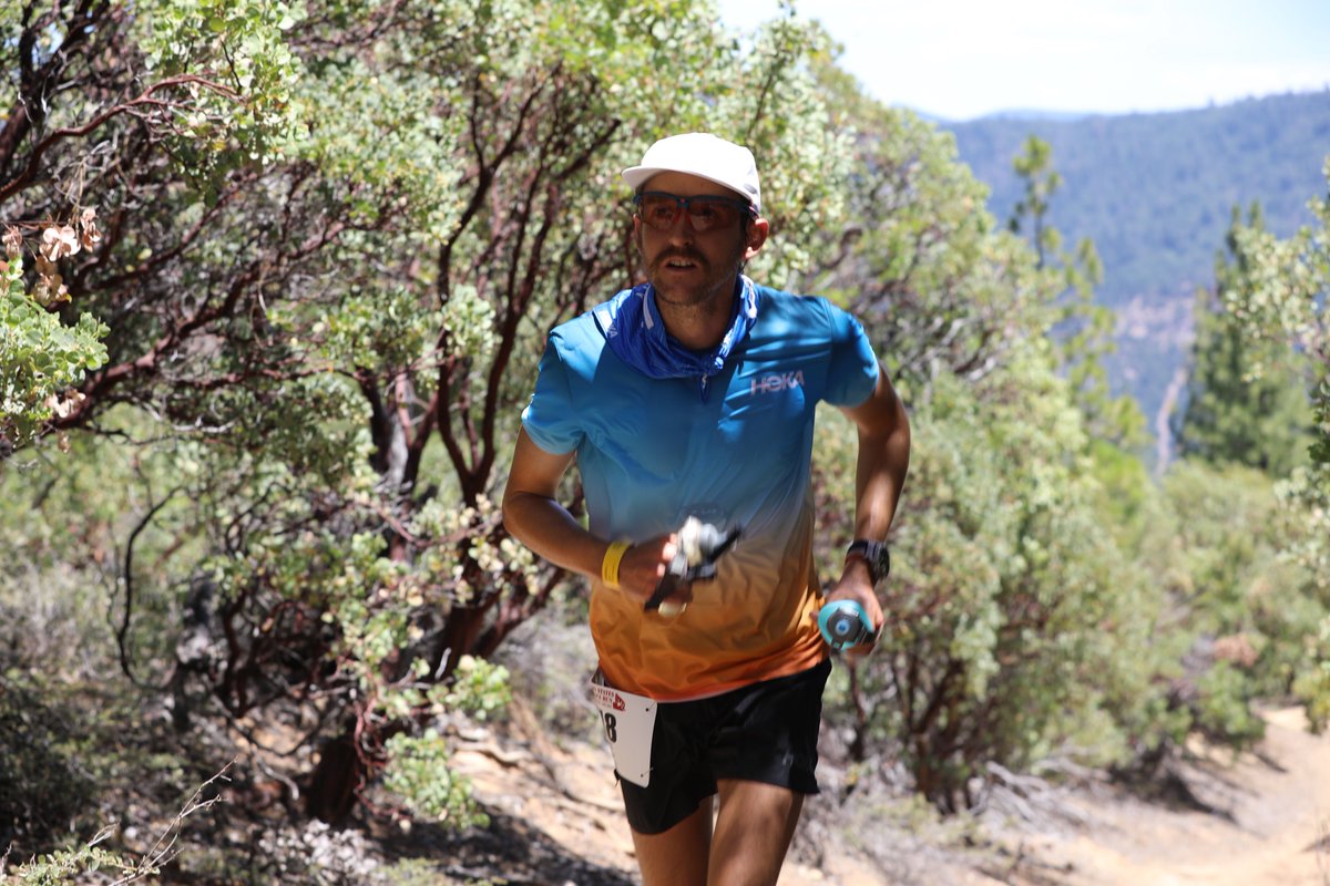 iRunFar's tweet photo. Hayden Hawks leads the field to just before Michigan Bluff (mile 55.7) in 8:29 elapsed. Looks like he’s running in control and says he’s keeping his heart rate down. Very good signs. #WS100 https://t.co/SWQCbO4mZF