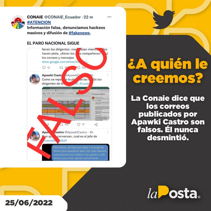 Medios de comunicación ecuatorianos difunden información difundida tras denuncias de robo de cuenta de Twitter como noticia 📢

No contrastan
No verifican

<a href="/eluniversocom/">El Universo</a> 
<a href="/lahoraecuador/">La Hora Ecuador</a> 
<a href="/LaPosta_Ecu/">La Posta</a> 

Con gran irresponsabilidad la llaman filtración.

#ParoNacionalEc2022