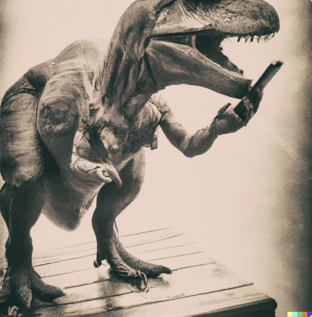 An antique photo of a T-Rex using a smartphone #dalle #dalle2