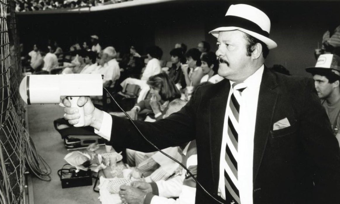 Super70sSports's tweet photo. Throw up a hand if you remember when it wasn’t Dodger Stadium without this sweet bastard clocking every goddamn pitch. https://t.co/j0gfn0Sjqp