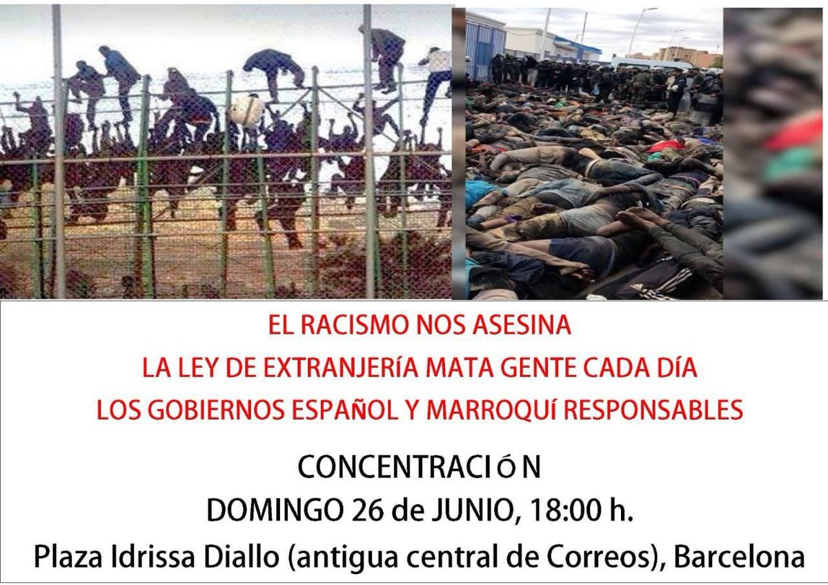 Diverses organitzacions convoquen demà a les 18 hores a la plaça Idrissa Diallo contra l’assassinat de 18 persones a la frontera espanyola!