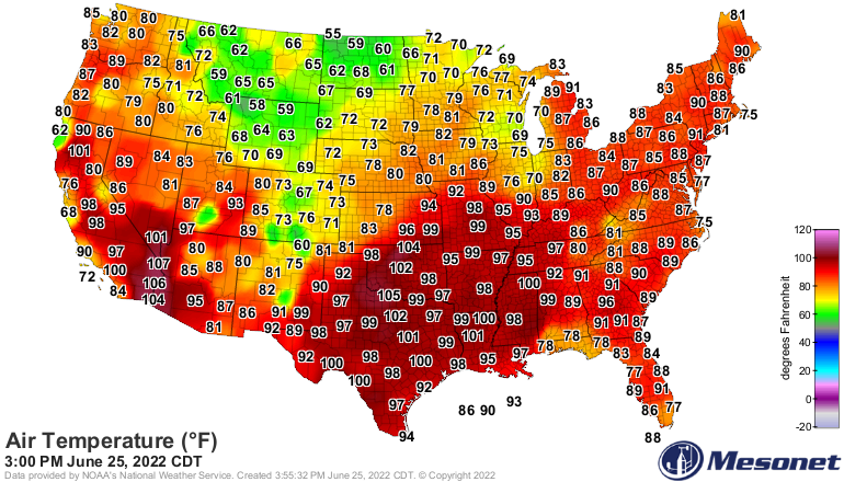Today the extreme heat left the SE USA but persists in the SW (up to 110F/43C) and Central Plains. Widespread temperatures in the 100s in Texas,Oklahoma,Kansas,Missouri,Tennessee,Louisiana and Mississippi.The heat wave will end tomorrow in those States but will increase in the SW