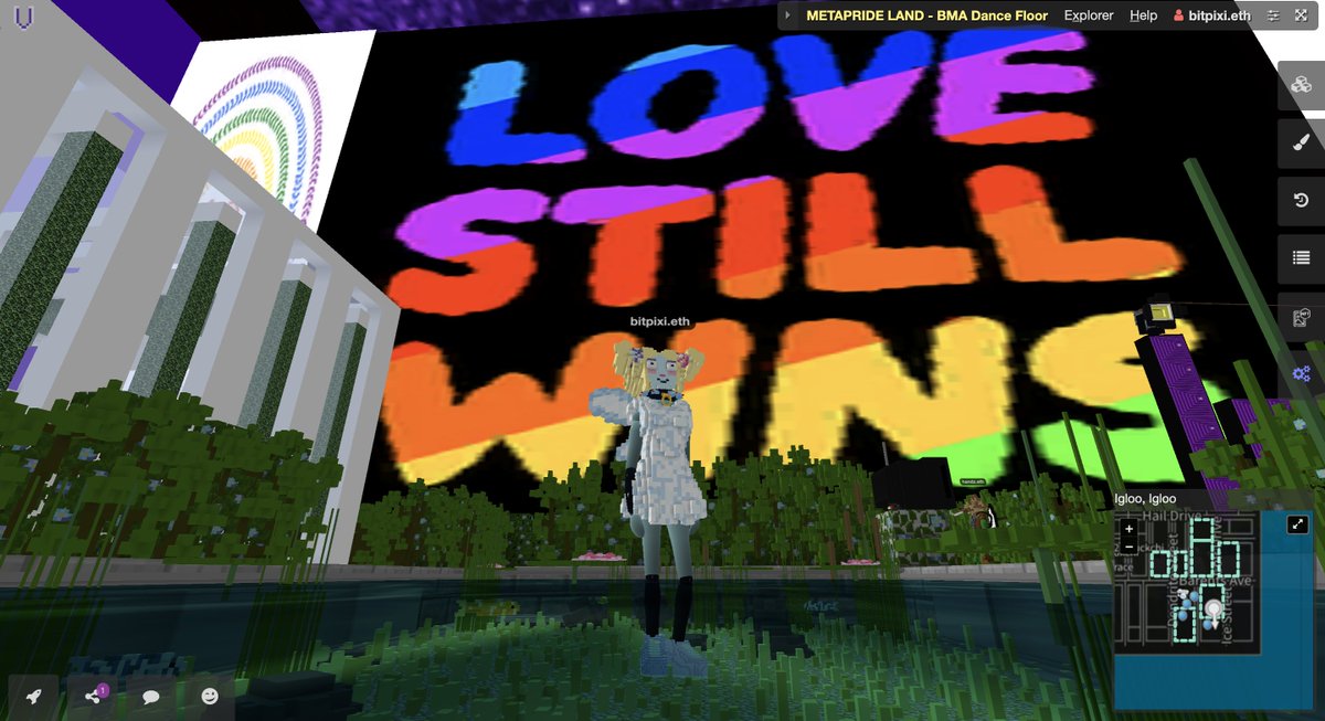bitpixi's tweet photo. This 🌈#MetaPride spacious build is incredible and event getting started. RIP to Jesse Kamer, @cryptovoxels builder. I always love the memorials now, tag: @newherexyz. There's also Higher Life CBD dispensary, a garden, galleries, a maze, a dance floor, LFG https://t.co/qAYmBB0CHC https://t.co/O4634rR8ym