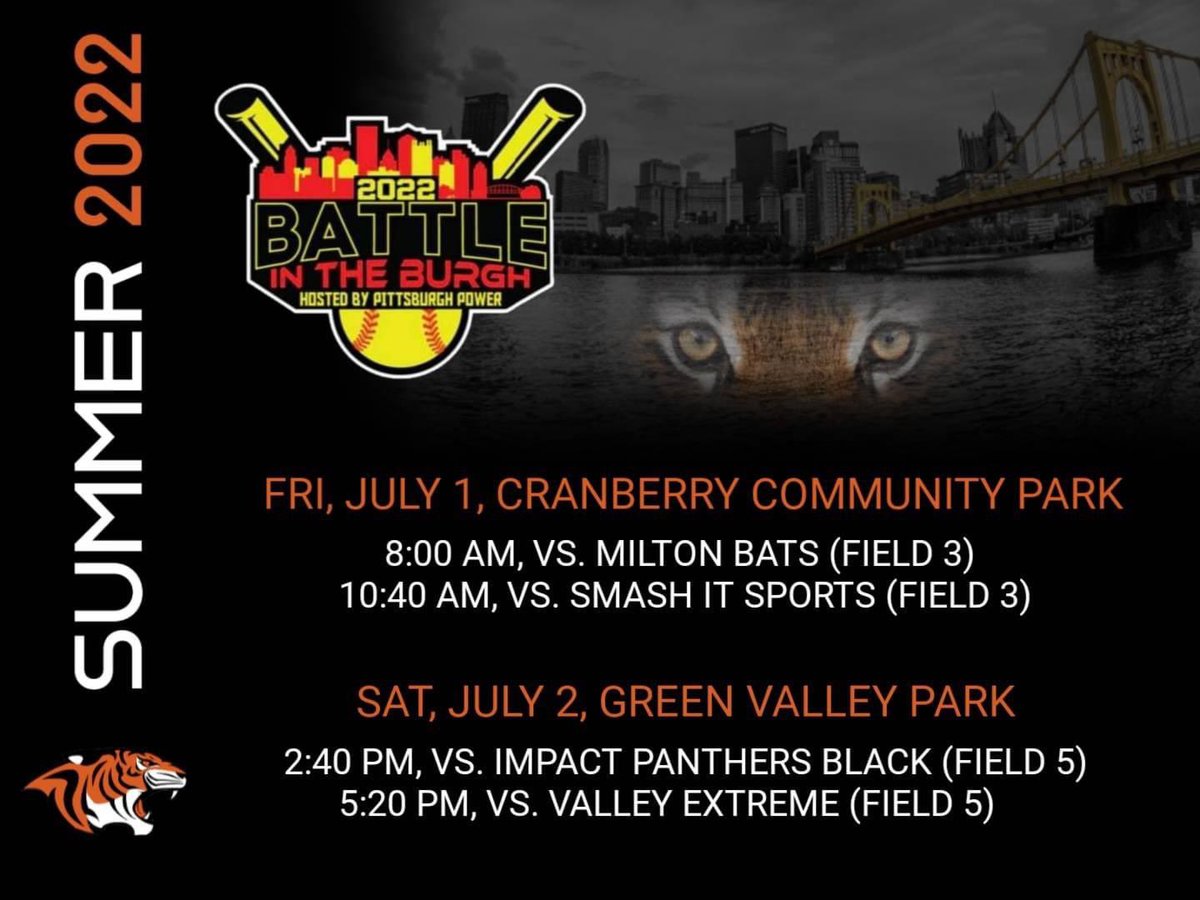 pghtigers05's tweet photo. Schedule is set!  Pittsburgh Tigers '05 are back Home next weekend at The Battle In The Burgh!  Let's go Tigers!! https://t.co/WyRbGyG37O