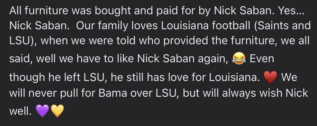 gnbilliot's tweet photo. This is one of my great aunts that lost everything from Hurricane Ida.

Many of you all know I am a very passionate college football fan and how I’ve had a distain for a certain coach in crimson for many years. To see this… well… maybe Alabama isn’t so terrible after all. https://t.co/ARADYFX0yO