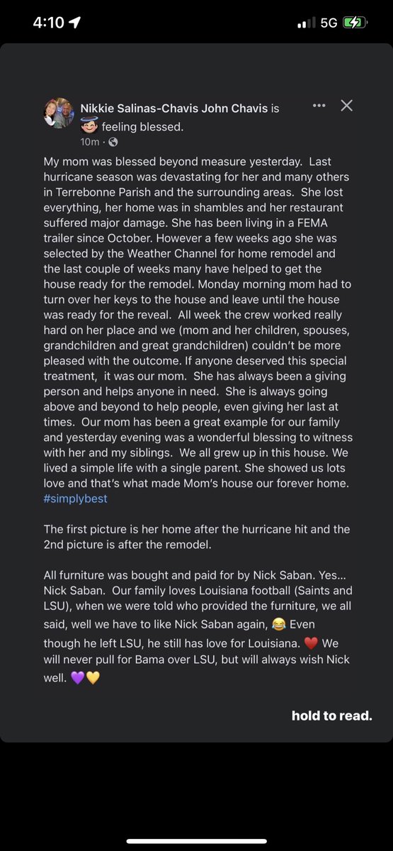 gnbilliot's tweet photo. This is one of my great aunts that lost everything from Hurricane Ida.

Many of you all know I am a very passionate college football fan and how I’ve had a distain for a certain coach in crimson for many years. To see this… well… maybe Alabama isn’t so terrible after all. https://t.co/ARADYFX0yO
