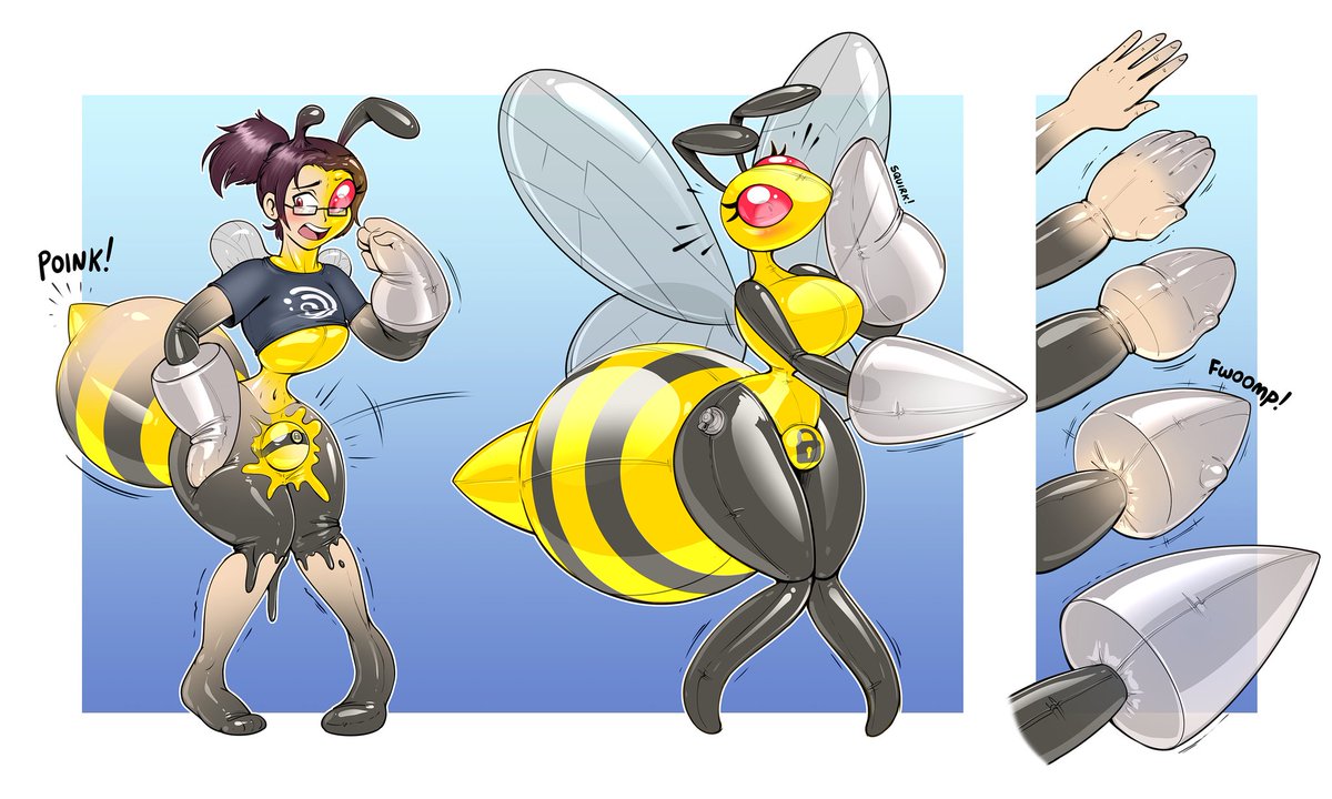 Commission for <a href="/UminamiTF/">Uminami</a> of their OC becoming a big bouncy buggy Beedrill drone

Watching their own hands FWOOMP up into large useless inflatable stingers must have been quite shocking. Not very effective anymore!