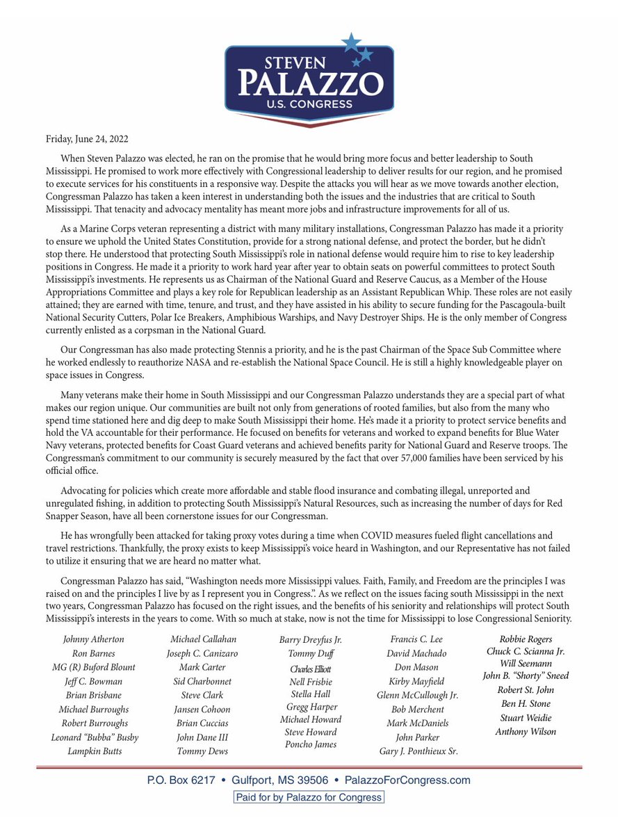 Honored to earn the endorsement of over 40 local business and community leaders across south Mississippi.
 
I'll keep fighting for our south Mississippi families and making sure we have a seat at the table when important decisions are made in Washington.