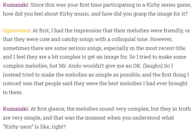 kirbymusicfacts's tweet photo. When composing his first Kirby songs, Yuuta Ogasawara had trouble making them sound "Kirby-like". When he realized the key to them was making simple melodies rather than complex ones, others told him those were the best melodies he had ever composed. https://t.co/6BJ8xvThbc https://t.co/1NUpbNJTlA