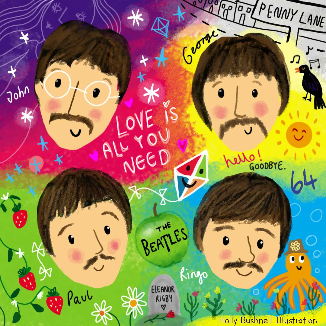 One for #BeatlesDay 💜💛🎶 #Beatles #beatlesforever #PaulMcCartney #PaulMcCartney80 #Glastonbury #TheBeatlesGetBack #TheBeatles #ArtistOnTwitter #Art #kidlit #ChildrensBookArt @beatlesstory #Liverpool #artist