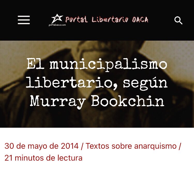 El municipalismo libertario, según Murray Bookchin.
-
-
-
-
-
Página web: Portal Libertario OACA.

Enlace:
portaloaca.com/pensamientolib…

Palabras relacionadas:
#pensamientolibertario #municipalismo #economíalibertaria #murraybookchin #ecologíasocial #autogestión #educaciónlibertaria