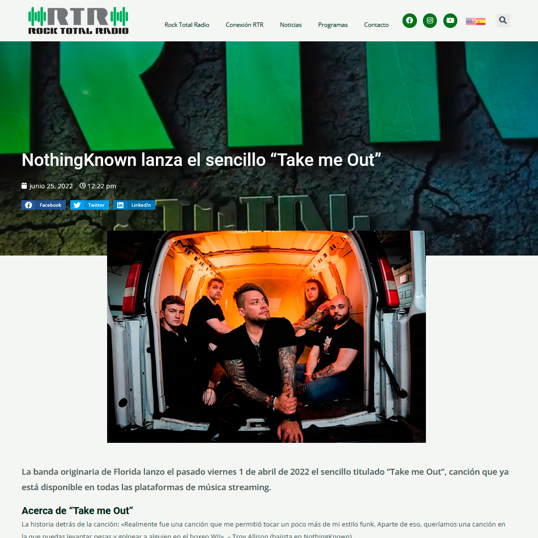 RockTotalRadio's tweet photo. NothingKnown @nthingknwn lanza el sencillo “Take me Out”. La canción que ya está disponible en todas las plataformas de música streaming.
👉 https://t.co/DsGYZntMEQ
·
#lanzamientos #single #VideoLirycs  #metalmusic #rockmusic #TakemeOu https://t.co/pop6TzRej6
