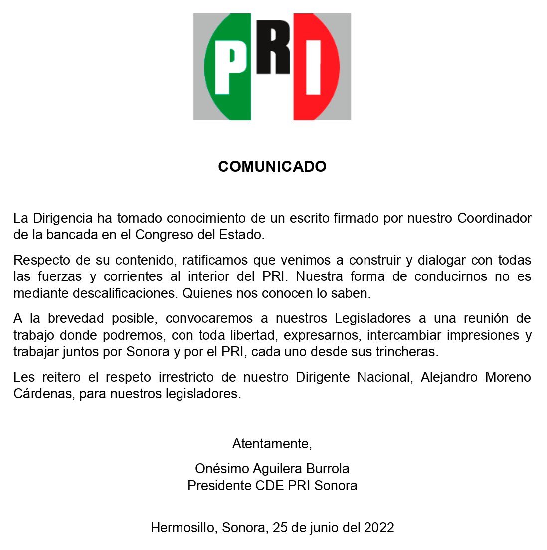 Respuesta de <a href="/BurrolaOnesimo/">Onésimo Aguilera Burrola</a> a Diputados Locales del <a href="/CDEPRISonora/">PRI Sonora</a> : <a href="/ElPatoDeLucas/">Ernesto De Lucas  H.</a> #NataliaRivera <a href="/KarinaZarateF/">Karina Zárate</a> @ElySallard .