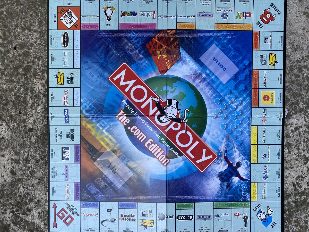 NewsyNick's tweet photo. Found this Monopoly game from the year 2000 in storage. The best part is the list of the “hottest web sites,” including Excite@Home, Lycos and iVillage. https://t.co/M9f6axTgAF