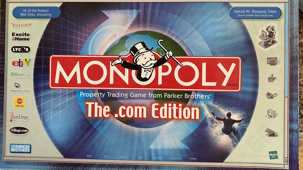 NewsyNick's tweet photo. Found this Monopoly game from the year 2000 in storage. The best part is the list of the “hottest web sites,” including Excite@Home, Lycos and iVillage. https://t.co/M9f6axTgAF
