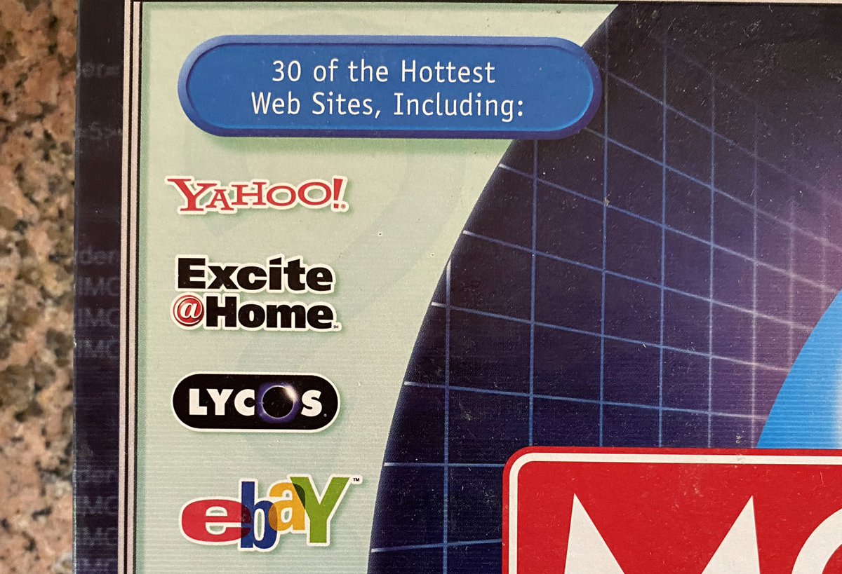 NewsyNick's tweet photo. Found this Monopoly game from the year 2000 in storage. The best part is the list of the “hottest web sites,” including Excite@Home, Lycos and iVillage. https://t.co/M9f6axTgAF