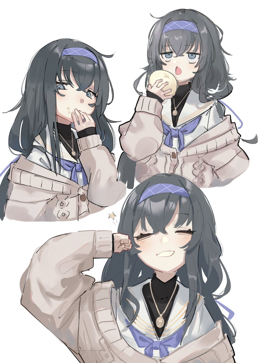 ui (blue archive) 1girl black hair long hair hairband jewelry food multiple views  illustration images