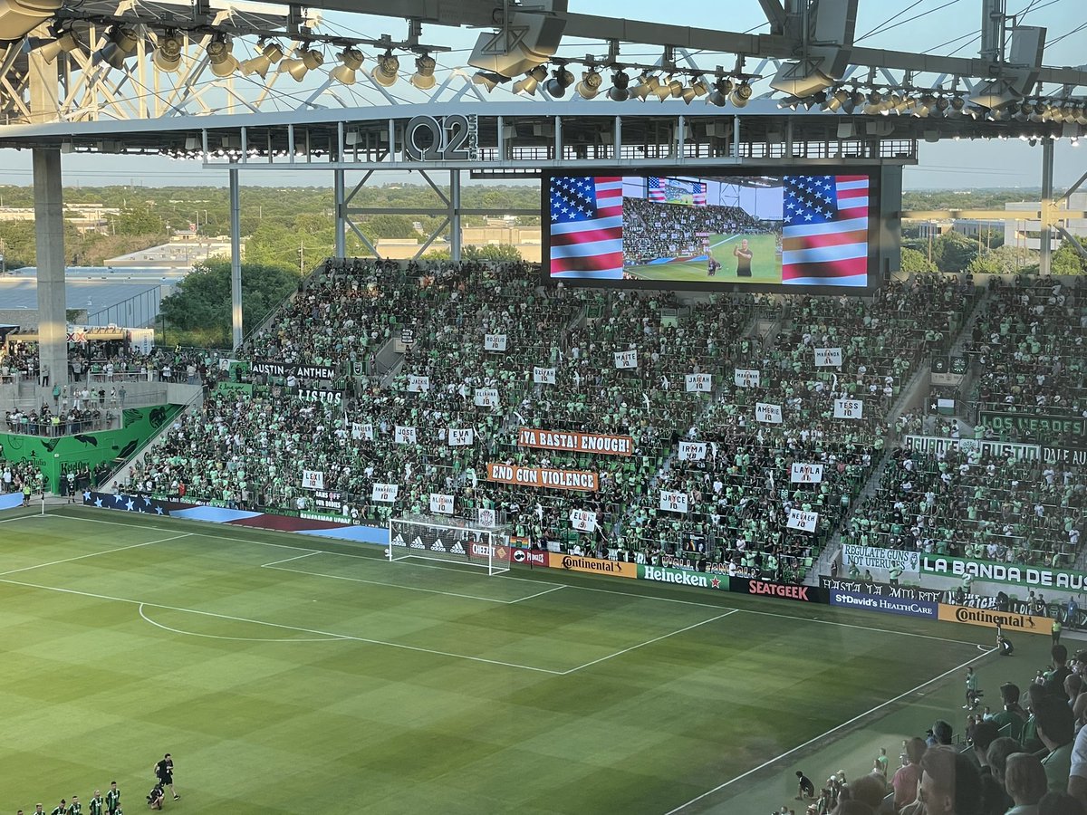 ChrisBils's tweet photo. Names of all the Uvalde victims in a display from #AustinFC supporters before @copatejas vs. #DTID. https://t.co/GDSo08cGqf
