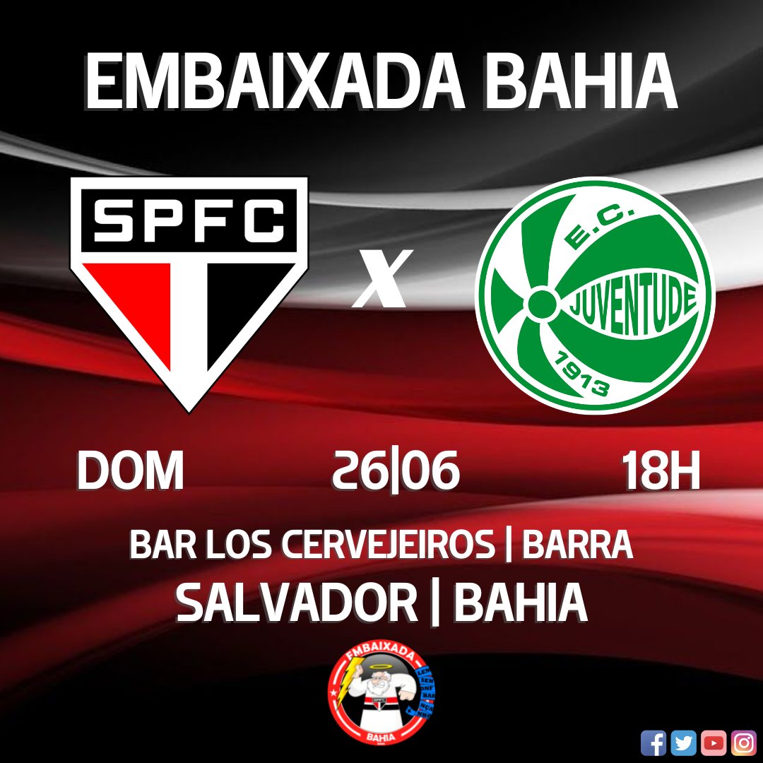 EmbaixadaBA's tweet photo. SÃO PAULO FC x Juventude
Embaixada São Paulinos Bahia
Domingo (26/06), 18h
Local: Bar Los Cervejeiros - Rua Marquês de Caravelas, 358 - Barra
Salvador - Bahia
Cola com a gente
#spfc #saopaulofc #avantemeutricolor #boraSP #EmbaixadaBA https://t.co/Uffbs3FNmh