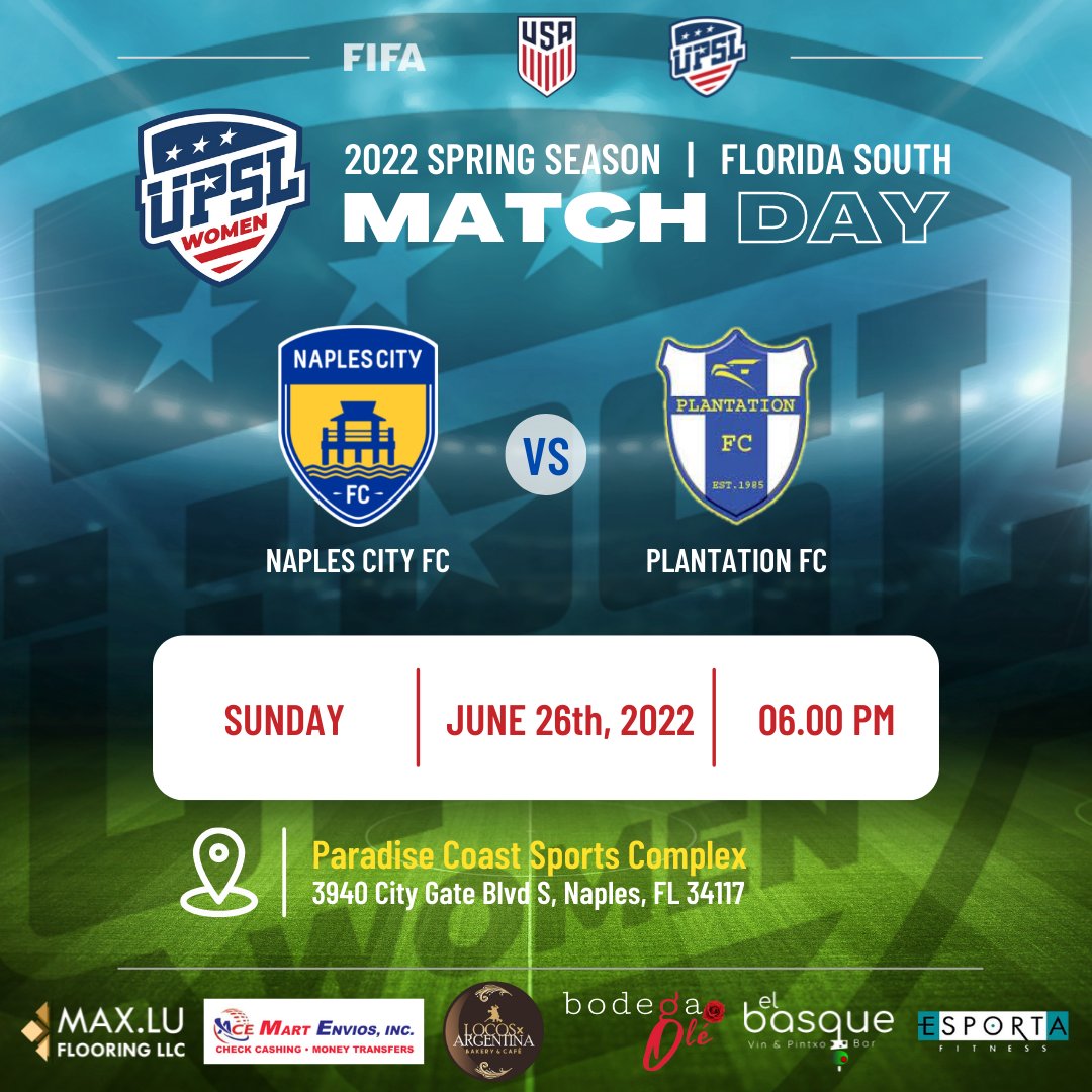 naplescityfc's tweet photo. UPSL WOMEN LEAGUE
2022 SPRING SEASON - FLORIDA SOUTH
Sunday 06/26 - Kick-Off: 06pm
Naples City FC vs @PlantationFC
@UPSLsoccer @UPSL_Florida @upslwomen
π΅βͺπ‘ #naplescityfc #naplesflorida β½ #soccer #upslflorida #upslsoccer #upslwomen #ussoccer #werisefromwithin https://t.co/ZFrQ2ABFuV