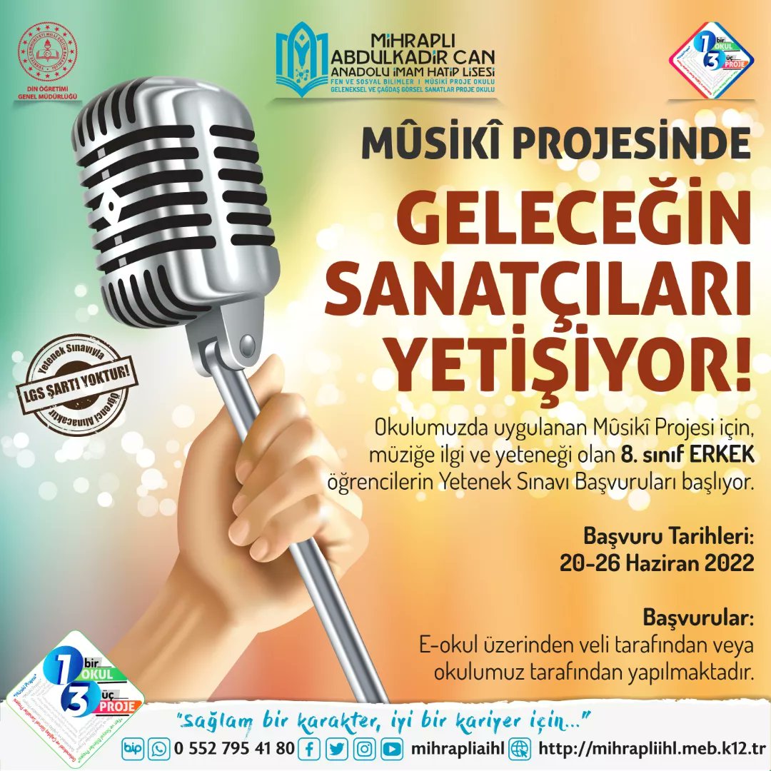 mihrapliaihl's tweet photo. 🎶🎶MÛSİKÎ PROJESİNE BAŞVURULAR BU GÜN 17.00'DE BİTİYOR (26 Haziran Pazar)
8. sınıf ERKEK öğrencilerin Yetenek Sınavı Başvuruları bu gün saat 17.00' de sona eriyor.

🗓️Başvuru Tarihleri: 20-26 Haziran 2022

https://t.co/PwolKOBJlo

📌0 552 795 41 80 https://t.co/P3fISBtPoC