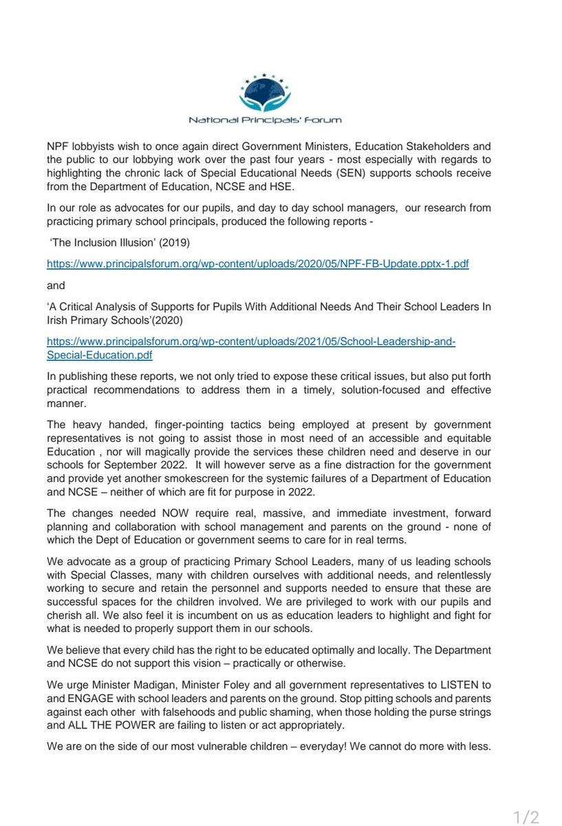 ForumTeaching's tweet image. NPF Statement June 25th 2022
@josephamadigan @NormaFoleyTD1 @INTOnews @IPPN_Education @CatholicPrimary @EducateTogether @NABMSE @newschambers @VirginMediaNews @drivetimerte @RTE_PrimeTime @IrishEducation @InclusionIre @AsIAmIreland