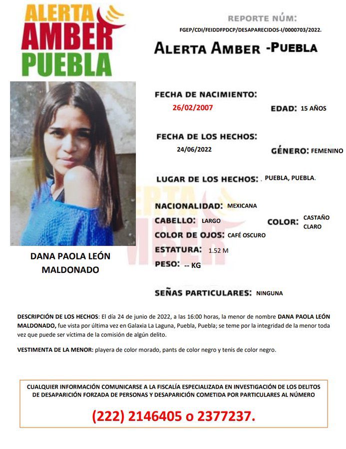 #AlertaAmber 📣

Solicitamos su apoyo y RT para la búsqueda y localización de la adolescente Dana Paola León Maldonado, de 15 años de edad. Fue vista por última vez en Galaxia La Laguna, #Puebla capital.