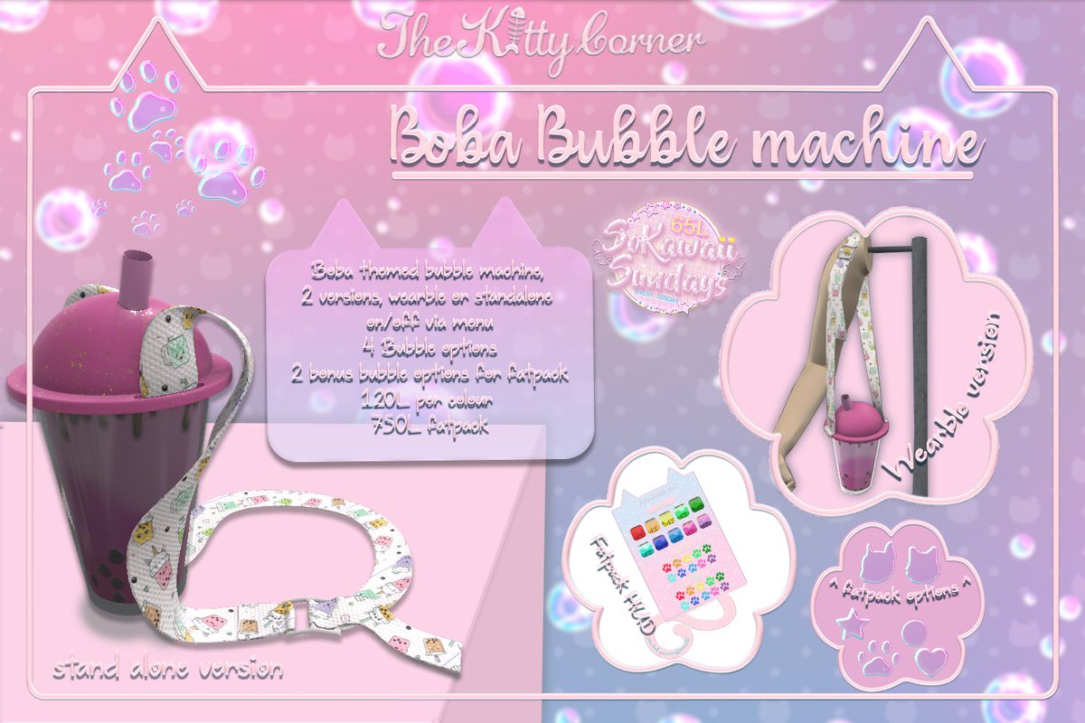 TKCcreationsSL's tweet photo. Its SoKawaiiSunday time! these amazing wearable or decor Boba themed bubble machines are only 65L for one day! taxi - https://t.co/nnrNNMZewx  #Sokawaiisunday #SKS #SL #Secondlife #sale #SLsale #TKC https://t.co/JPV4aLeoi3