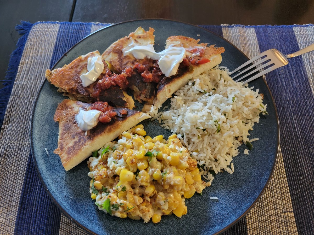 Chicken fajita quesadillas with homemade smoky salsa, elote casserole, cilantro lime rice. #thiswilldo