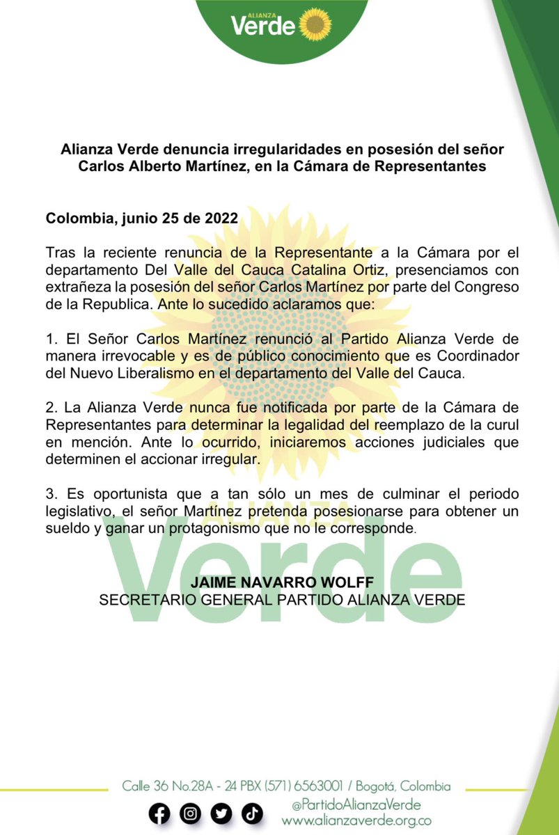 Denunciamos irregularidades en posesión del señor Carlos Alberto Martínez, en <a href="/CamaraColombia/">Cámara de Representantes de Colombia</a> cómo nuevo representante del Valle del Cauca. <a href="/JaimeNavarroWo/">Jaime Navarro</a>
