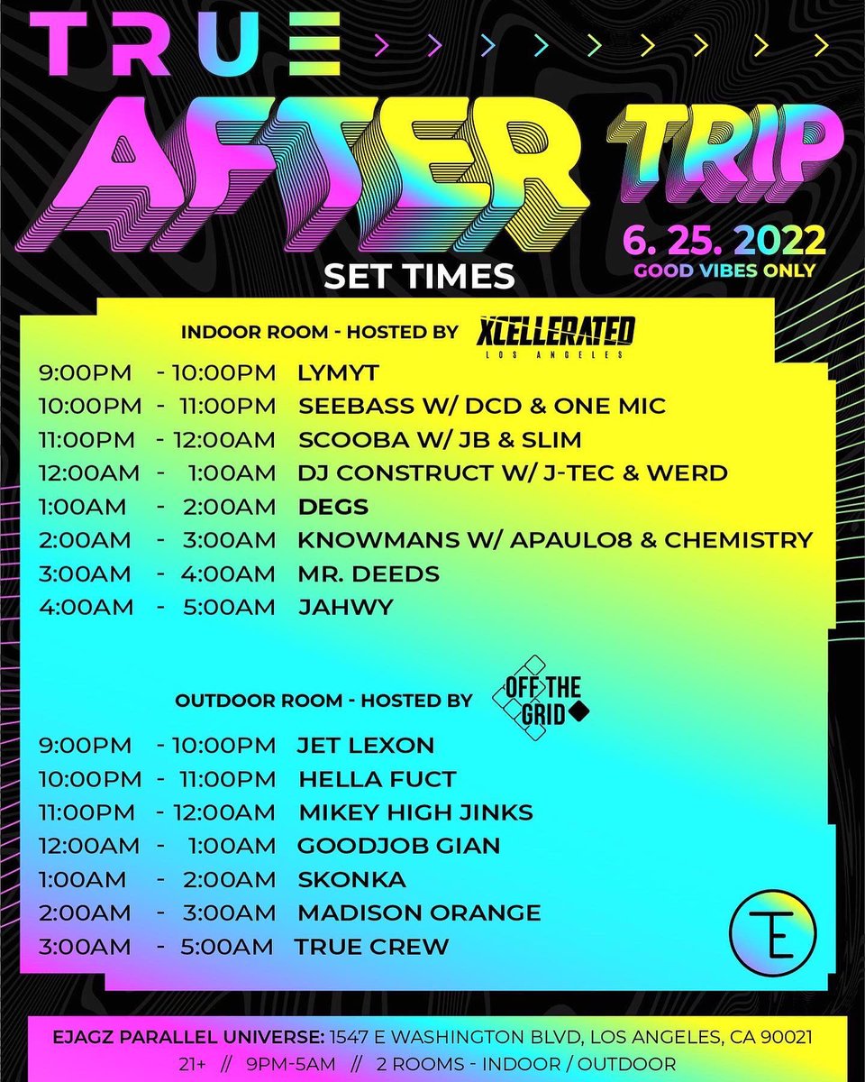 Xcellerated (@xcellerateddnb) on Twitter photo Tonight say “Xcellerated” at the door for $20 admission all night!
<a href="/DegsMusic/">Degs</a> <a href="/ScoobaOne/">Erick Scooba</a> <a href="/mrdeedsmusic/">MR DEEDS</a> <a href="/werdmc/">WERD</a> <a href="/JohnnyJtec/">Johnny Mendoza</a> <a href="/JB_Emcee/">JB MC</a> <a href="/djseebass/">DJ SeeBass</a> <a href="/SlimSelecta/">Slim Selecta</a> <a href="/knowmans_/">Knowmans</a> <a href="/jahwy/">Jahwy</a> <a href="/Chemdracula/">Karma Sutra 🔮📿</a> <a href="/apaulo8/">Apaulo8</a>
Ejagz Parralel Universe
1547 E Washington Bl.
Los Angeles, CA
21+ / 9pm-5am Tonight say “Xcellerated” at the door for $20 admission all night!
<a href="/DegsMusic/">Degs</a> <a href="/ScoobaOne/">Erick Scooba</a> <a href="/mrdeedsmusic/">MR DEEDS</a> <a href="/werdmc/">WERD</a> <a href="/JohnnyJtec/">Johnny Mendoza</a> <a href="/JB_Emcee/">JB MC</a> <a href="/djseebass/">DJ SeeBass</a> <a href="/SlimSelecta/">Slim Selecta</a> <a href="/knowmans_/">Knowmans</a> <a href="/jahwy/">Jahwy</a> <a href="/Chemdracula/">Karma Sutra 🔮📿</a> <a href="/apaulo8/">Apaulo8</a>
Ejagz Parralel Universe
1547 E Washington Bl.
Los Angeles, CA
21+ / 9pm-5am
