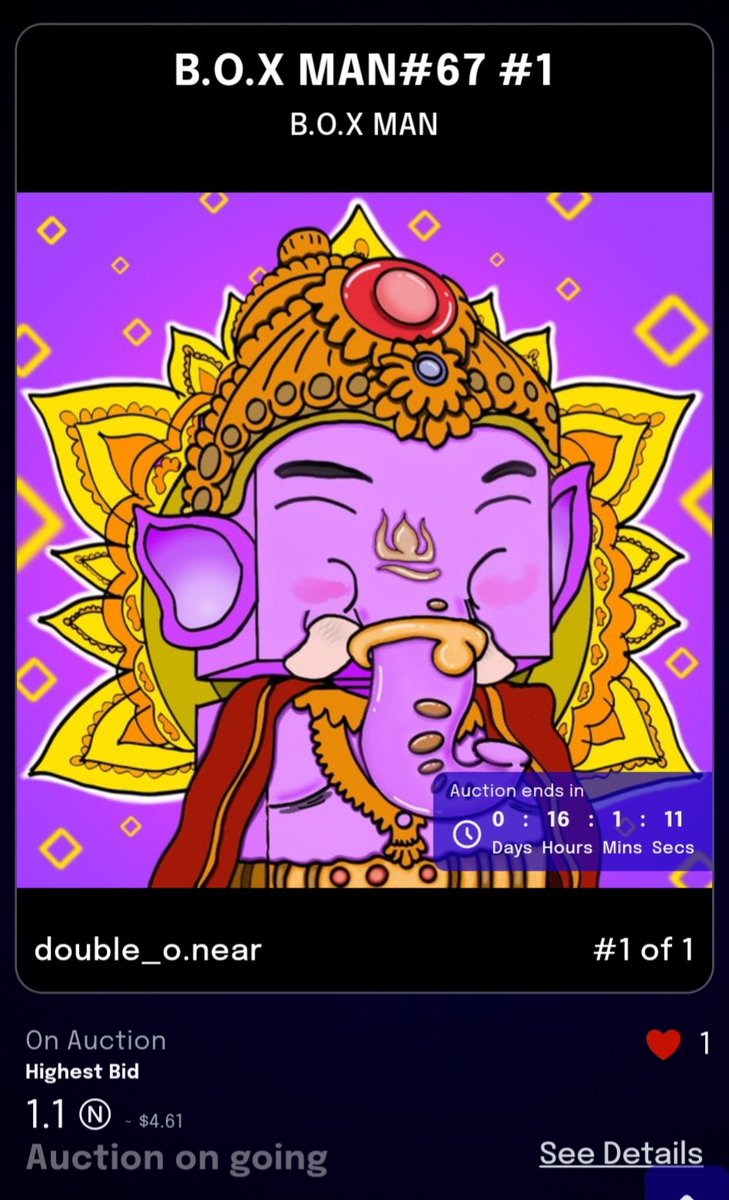 16 ชม. สุดท้ายยยยย กับการประมูล 
พระพิฆเนศ ราคาปัจุบัน 1.1N 
NFT 1/1 ที่ควรค่าเเก่การเก็บ 
สนใจเข้าร่วมประมูลได้ที่ 👇
paras.id/token/x.paras.…

@ParasHQ #NEAR #nearNFTs #NEARProtocol #NFTCommmunity #NFTdrops #NFTcollections #NFTMarketplace #nft