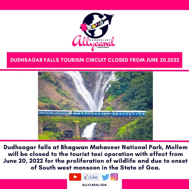 allycaralgoa's tweet photo. 📝 TRAVEL NOTE : DUDHSAGAR FALLS TOURISM CIRCUIT CLOSED FROM JUNE 20,2022 

#Goa #Travel #dudhsagarfalls #Allycaral #Allycaraltraveldiaries #Travel #goadiaries  #monsoon #AlishaFernandes https://t.co/DSBfXS3gpC