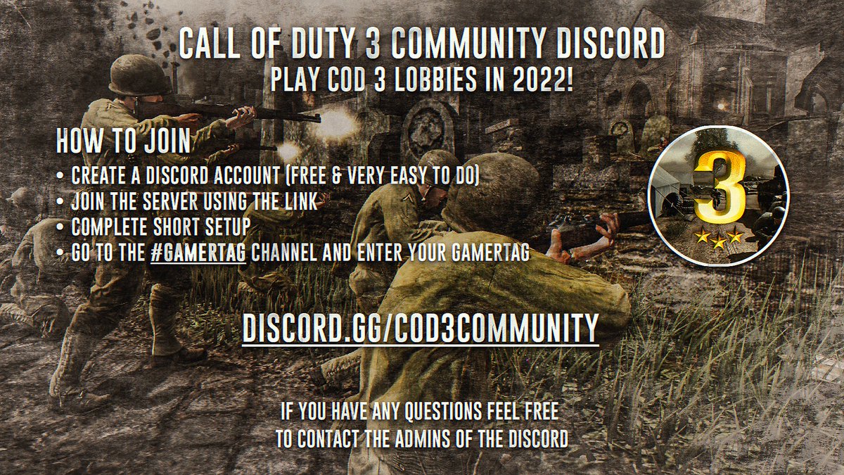Cod3_Community's tweet image. The CALL OF DUTY 3 COMMUNITY DISCORD!!
(Yes, people still play this game)
**RETWEETS AND SHARES ARE GREATLY APPRECIATED!!🥳**
discord.gg/cod3community