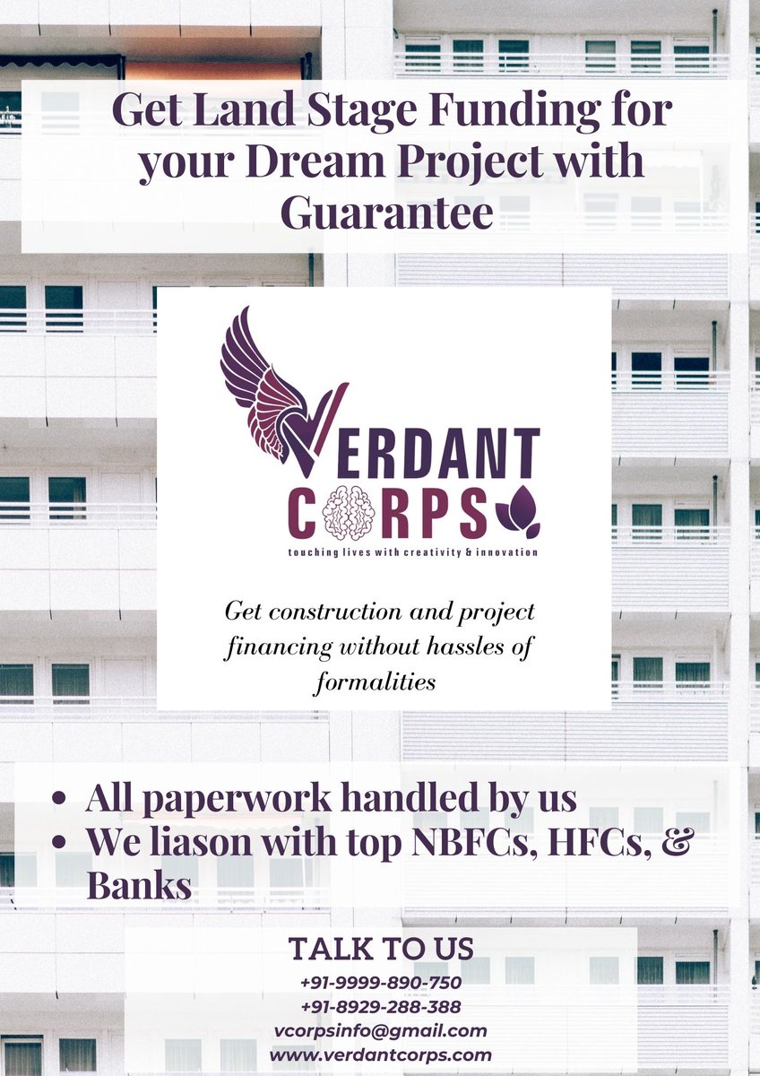 Verdant Corps is a prominent name in Real Estate. We help get funds for projects. Get a #landstagefunding with all the formalities handled by us.
📞 +91-9999-890-750
✉️ vcorps.info@gmail.com
#verdantcorps #constructionfinancing #realestatefunding #debtsyndication #ProjectFunding