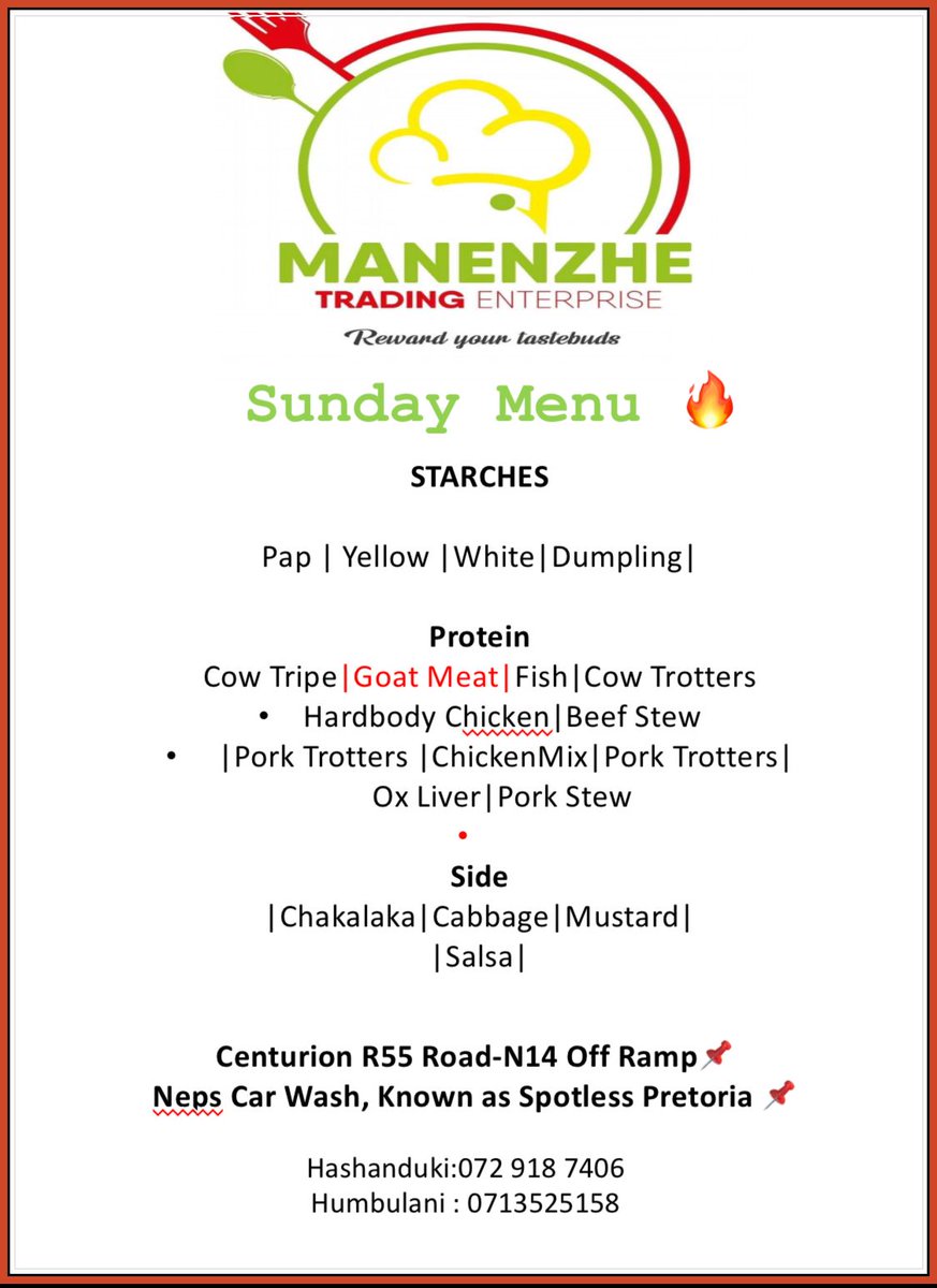 manenzhe_samuel's tweet photo. Good morning
Today's menu at Manenzhe Trading Enterprise
We open at 10h00 until 18h00
#Spotlesscarwash NEPS Acardia Pretoria
#famouscaravan Centurion https://t.co/37zFWvuMnT