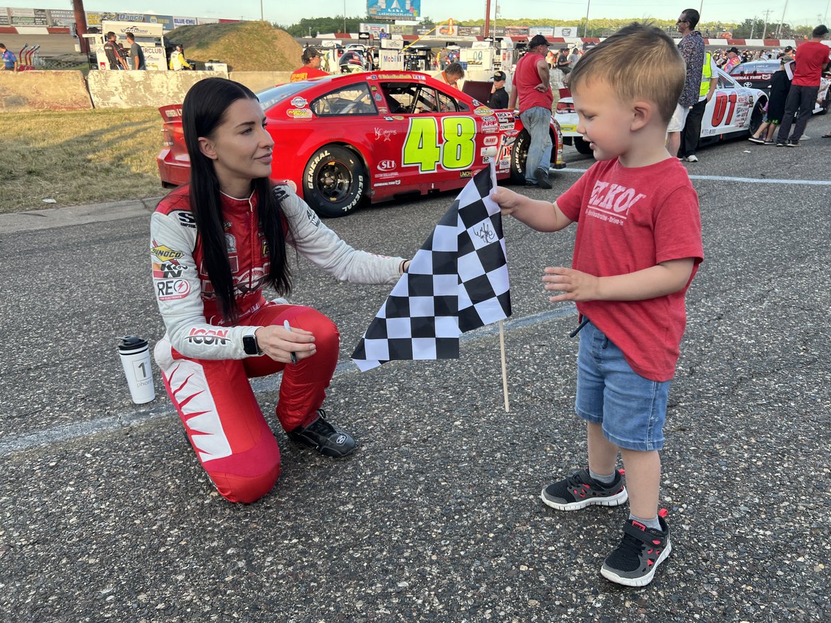 socialmatt's tweet photo. Thank you so much @amberbalcaen10 — tough night out there, but you made this boy’s year with your autograph! 

He says he now has *two* favorite drivers. Kyle Busch and Amber Balcaen! #ARCA https://t.co/19jCw12GrM