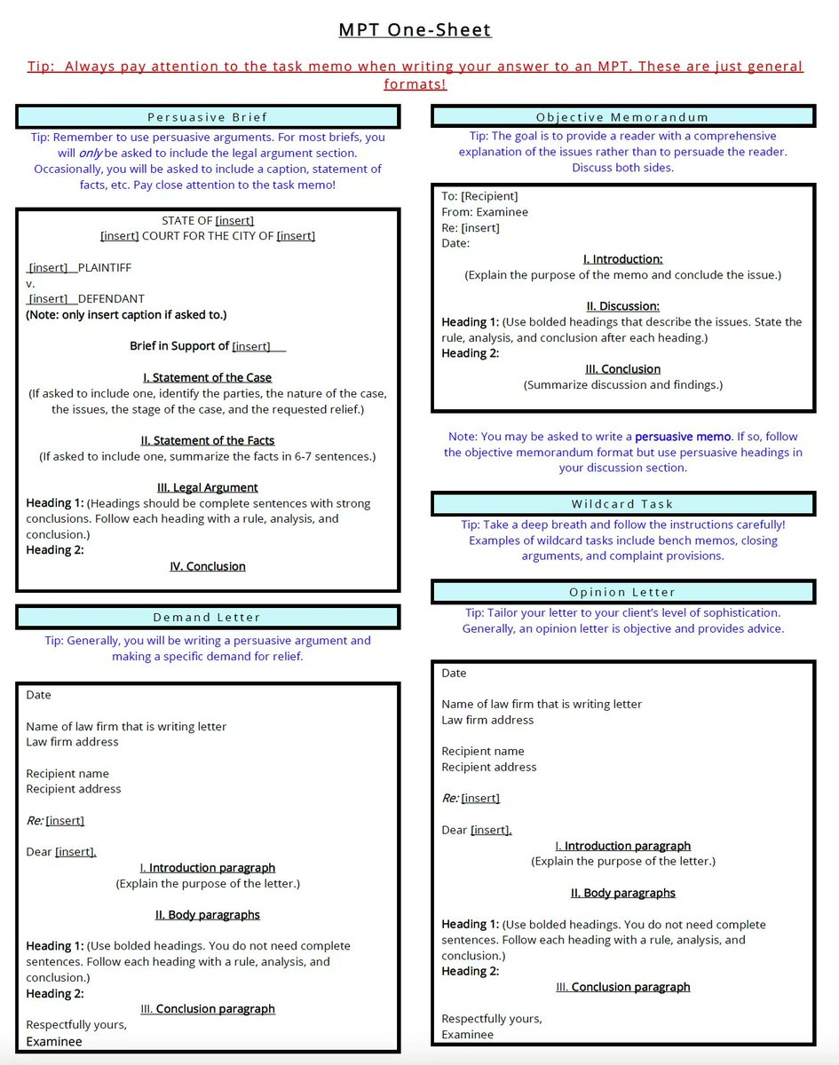 JDAdvising's tweet photo. Looking for some help with formatting your MPTs? Be sure to download our MPT cheat cheat and memorize the structures for the different types of tasks! #barexam #barprep https://t.co/Qsl6Ps874D https://t.co/EK4qSVqlYd