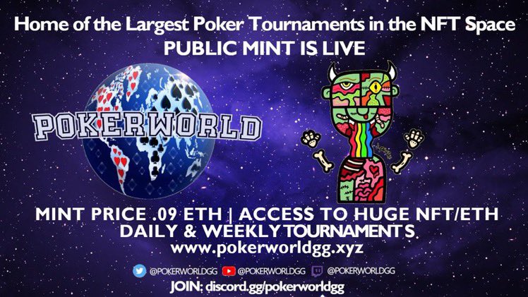 POKERWORLD ♠ (@pokerworldgg) on Twitter photo <a href="/PokerWorldGG/">POKERWORLD ♠</a> & <a href="/JPandFriendsNFT/">JPierceAndFriends</a> holders tournament begins now!!!
HOLDERS ONLY!
Your chance to be a part of something amazing?! 🎉🥳 Public Mint is live: pokerworldgg.xyz <a href="/PokerWorldGG/">POKERWORLD ♠</a> & <a href="/JPandFriendsNFT/">JPierceAndFriends</a> holders tournament begins now!!!
HOLDERS ONLY!
Your chance to be a part of something amazing?! 🎉🥳 Public Mint is live: pokerworldgg.xyz
