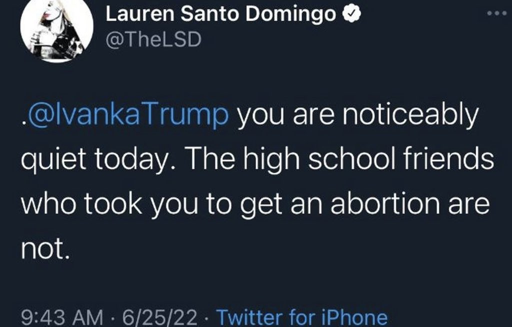 Lauren Santo Domingo Claims Ivanka Trump Had High School Abortion. I want to thank my former colleague @TheLSD for speaking up. So many could have but only a few have. @IvankaTrump @MELANIATRUMP