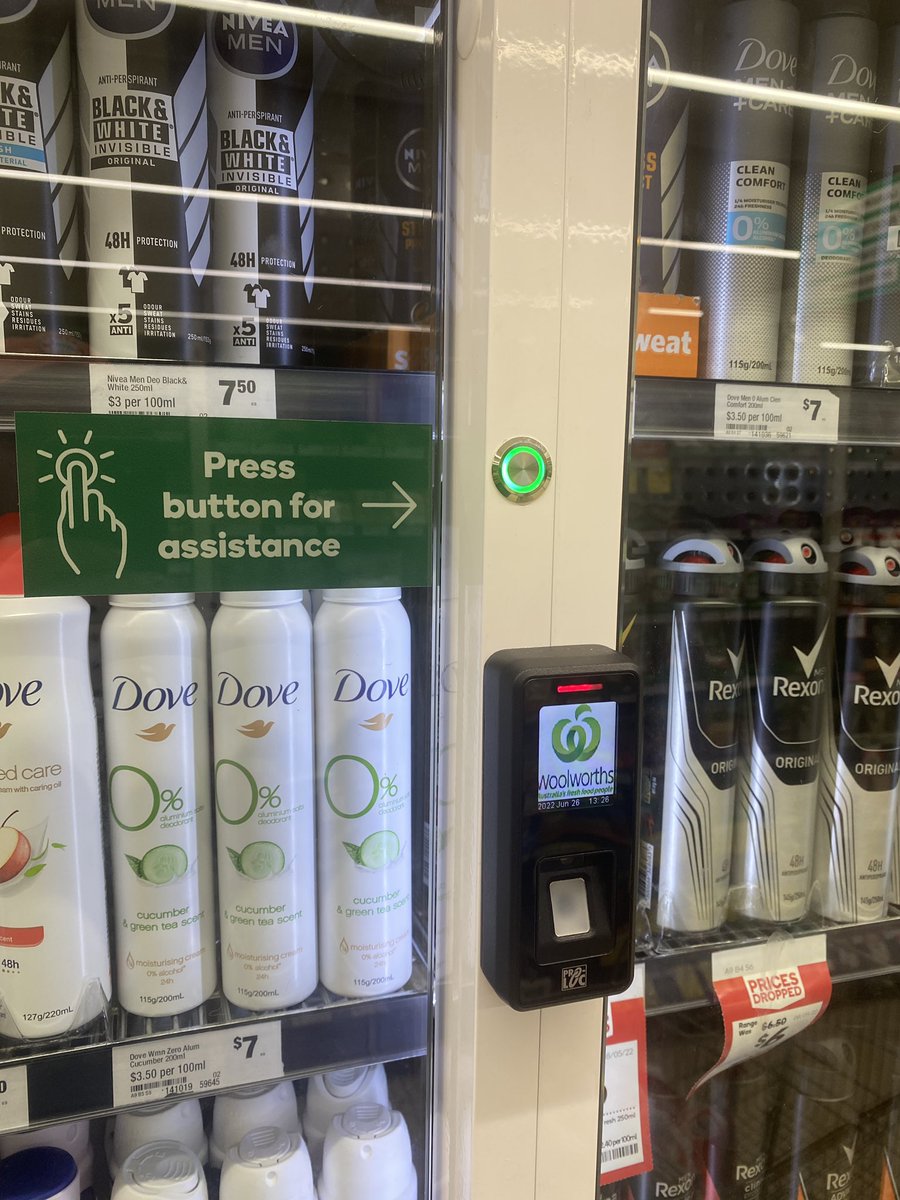 coolestdudeva's tweet photo. I’ll give you the hot tip, @woolworths, I’m not pressing a button so a staff member can come over and let me get a can of deodorant from the vault https://t.co/nKjJlpTKYG