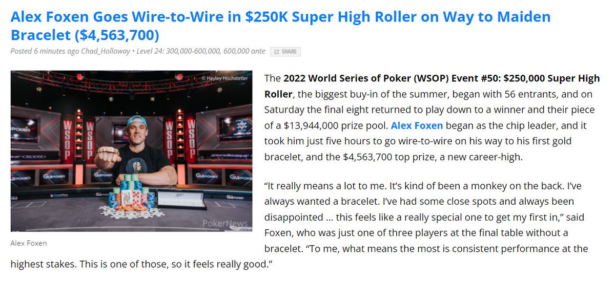 The🦊 with a masterful final table performance to claim his first bracelet and $4.6 million bucks!!!! Congrats <a href="/WAFoxen/">Alex Foxen</a> !!!