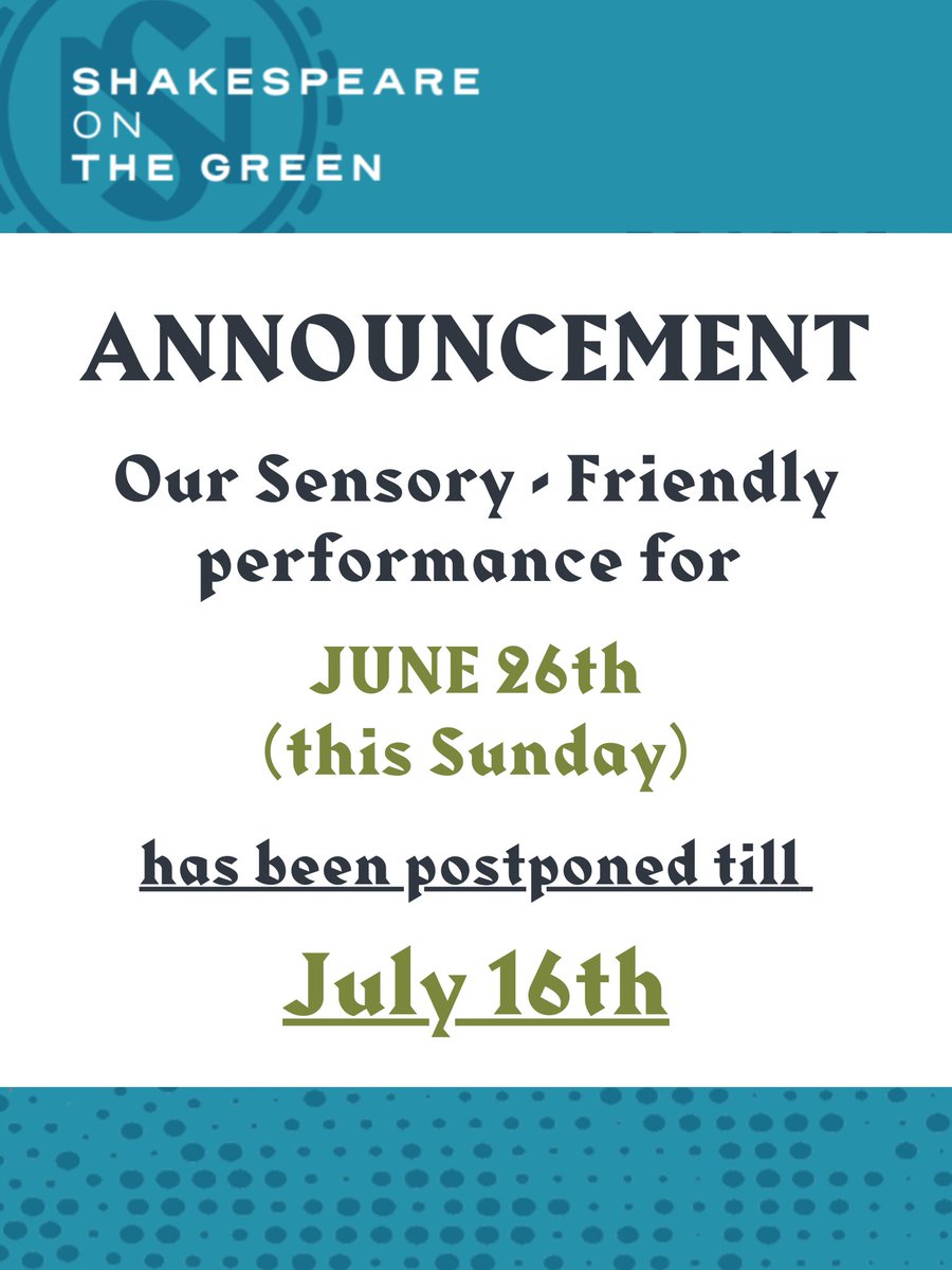 NEShakespeare's tweet photo. ANNOUNCEMENT
Our sensory performance for "The Tempest" on June 26th (this Sunday) has been postponed to July 16th!
Hope to see you then! https://t.co/tvdYcdBXmM