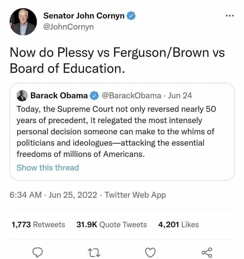 leathebooth's tweet photo. When you voted "for the supreme court" THIS is what it meant, even if it's not what YOU meant. Plessy and Brown are school segregation cases. 

Justice Thomas cited Lawrence, Obergefell, and Griswold as further precedents to overturn. Lawrence legalized … https://t.co/JTnMR5XFGI https://t.co/F3ipDSWZmj