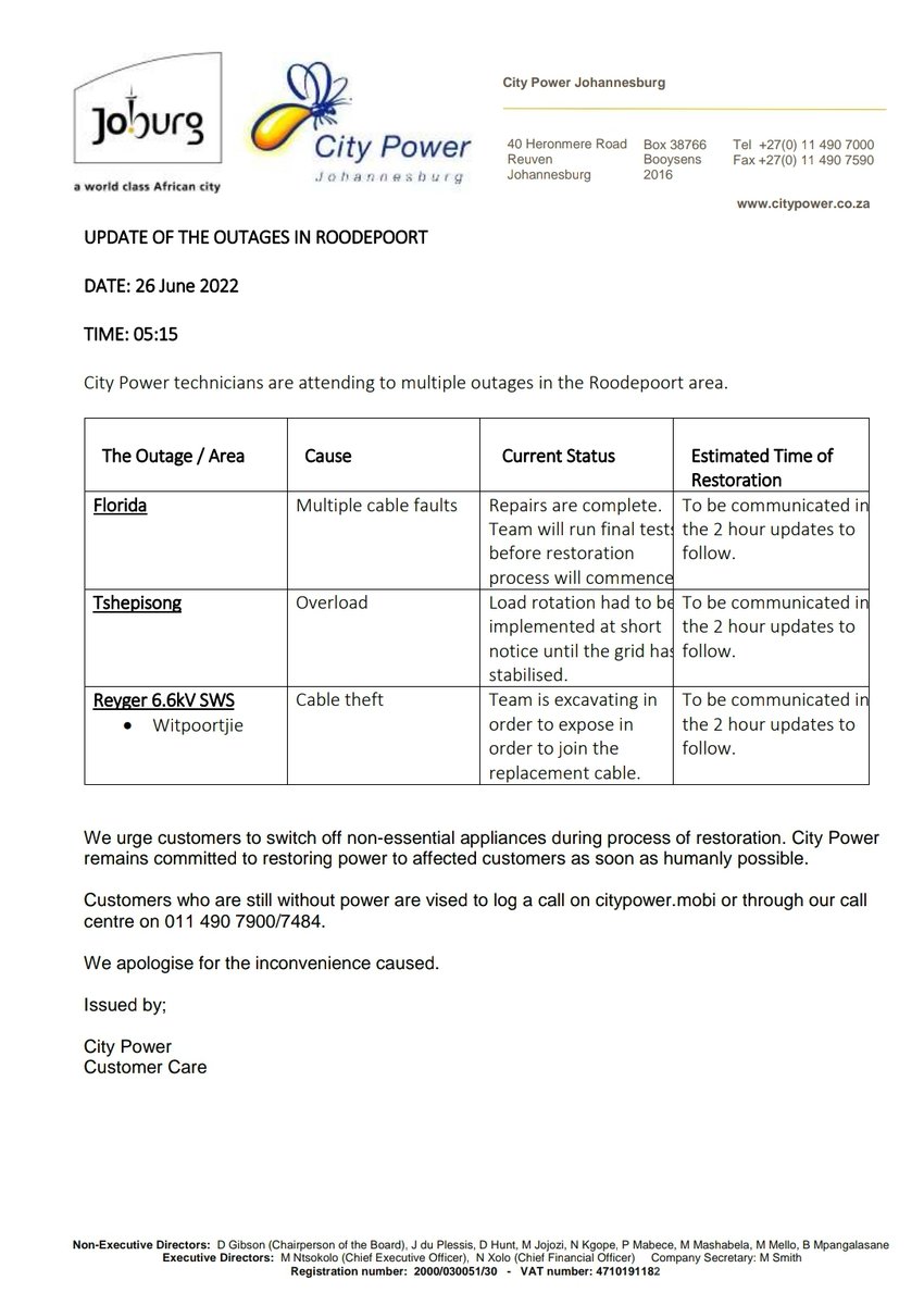#OutageUpdate #CityPowerUpdate #ROODEPOORT #JoburgUpdates #JoburgServices 

Progress has been made! ^OS